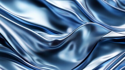 Poster - Abstract blue metallic fabric waves, flowing elegant silken textile texture background.