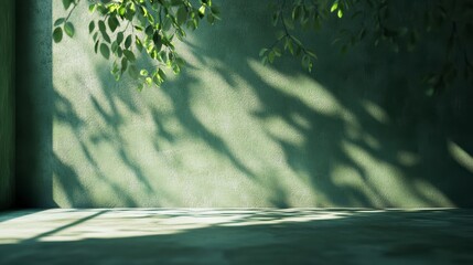 Poster - Sunlit room with green wall, floor, and leaf shadows.
