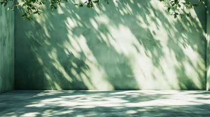 Poster - Sunlit green wall with leaf shadows and empty floor.