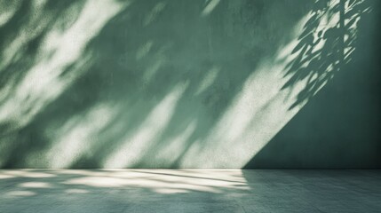 Poster - Sunlit green wall with leaf shadows on floor.
