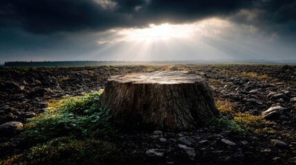 Poster - Tree stump representing environmental damage and forest decline concept. A tree stump surrounded by barren land and light rays breaking through clouds.