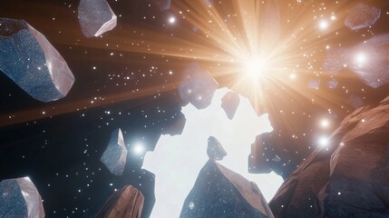 Wall Mural - expansive star filled sky over rugged rocks with brilliant radiant highlights illuminating the cosmi