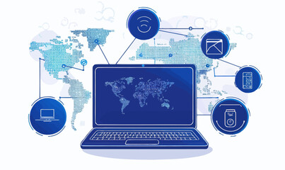 Wall Mural - digital networking and technology concept with laptop and world map vector illustration
