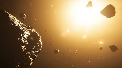 Wall Mural - a majestic comet surrounded by a swarm of asteroids illuminated by twilight glow in a high angle spa