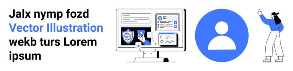 Computer screen displaying analytics, graphs, and security options. A profile icon and person pointing added. Ideal for data management, user accounts, cybersecurity, technology pages, web design