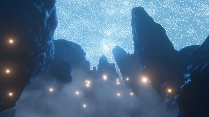 Wall Mural - enchanting cave under a starry sky with cosmic patterns and ethereal atmospheric fog illuminating th