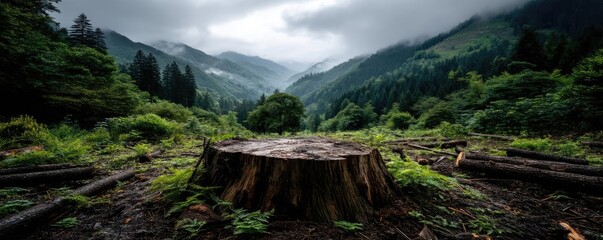 Poster - Tree stump exposing illegal forest damage and biodiversity loss concept. A serene landscape featuring a tree stump amidst lush greenery.
