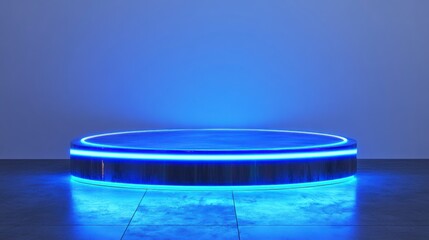 Aufkleber - Illuminated circular platform with neon blue lights on dark floor.
