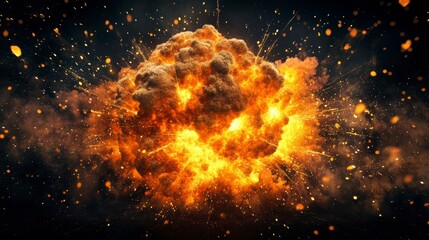 Poster - Fiery explosion with sparks and smoke against a black background.