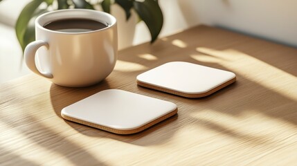 Poster - White coffee mug and coasters on wooden table in sunlight.