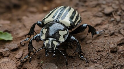 goliath beetle with shiny black and white patterns