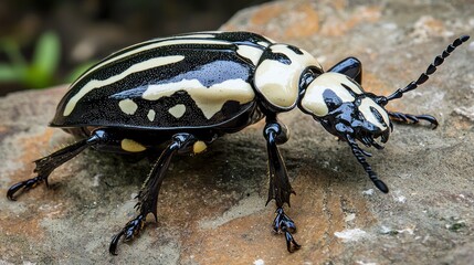 goliath beetle with shiny black and white patterns