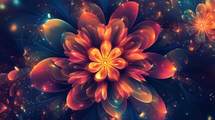 Aufkleber - Glowing fractal flower with orange and red petals, dark blue background, sparkling particles.
