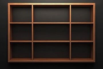 Fototapete - Empty wooden wall shelf with nine compartments  Dark brown wood, rectangular shape,  mounted on a dark background