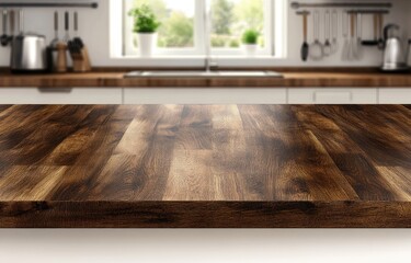 Fototapete - Empty wooden kitchen countertop in front of a bright, modern kitchen  The countertop is dark brown and smooth, with visible wood grain 