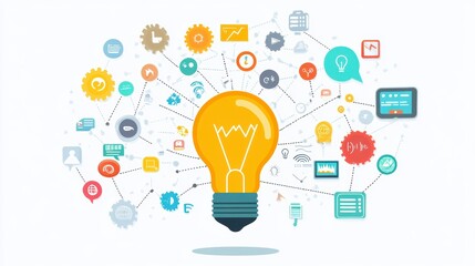 Fototapete - Bright lightbulb idea with interconnected network of colorful icons representing innovation, technology, and creativity.