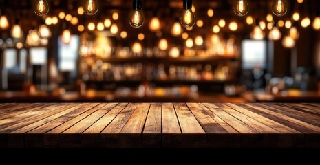Fototapete - Wooden bar top with blurred pub interior Warm lighting, Edison bulbs, and a rustic wooden surface