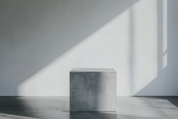 Aufkleber - Modern minimalist product display stage: Cement cube platform on concrete floor with wall, sunlight casting shadows. Perfect for showcase.