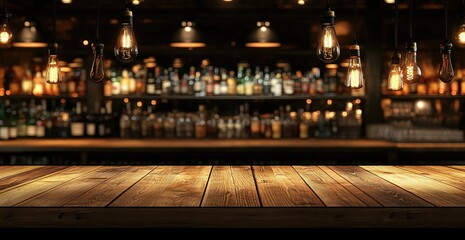 Fototapete - Rustic bar with wooden tabletop, dimly lit, and shelves of liquor