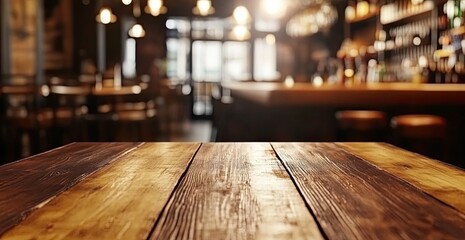 Fototapete - Empty wooden table in a dimly lit, stylish pub  Warm, inviting ambiance  Blurred background of a bar, tables and chairs