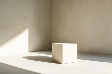 Fototapete - Minimalist cube in a sunlit corner, creating a simple yet elegant architectural detail. Light and shadow enhance the space.