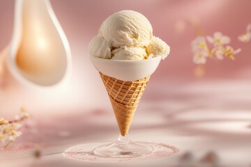 Aufkleber - Delightful ice cream cone with three scoops of creamy vanilla ice cream, set against a soft pink background with floral accents.