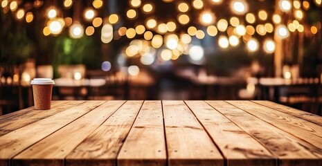Fototapete - Rustic wooden table outdoors at night, lit by warm lights A disposable coffee cup sits on the table