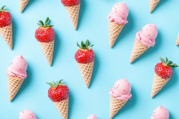 Poster - Pattern of strawberry cones and ice cream cones. Freshly arranged. Sweet treats. Light blue backdrop. Festive summer theme.