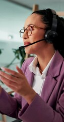 Aufkleber - Happy woman, agent or talking with headset for online communication or advice at call center. Female person, consultant or virtual assistant with mic or technology for customer service at workplace
