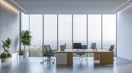 Poster - Modern office interior with panoramic city view, large windows, wooden desk, and comfortable chairs.