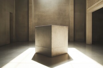 Fototapete - Sunlit Concrete Cube: Modern minimalist scene with light creating a dramatic shadow against textured walls, emphasizing form and abstraction.
