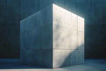 Fototapete - Geometric concrete cube with repeating patterns on a seamless background, bathed in ambient light and clean minimalist lines.