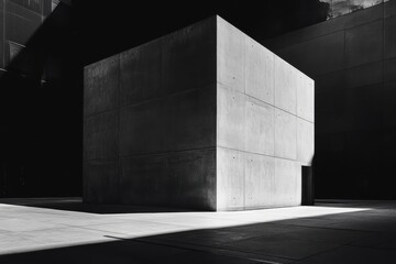 Fototapete - Monochrome Concrete Cube: A study of stark lines and deep shadows emphasizing geometric abstraction and monolithic architecture.