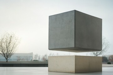 Fototapete - Two stone cubes, one suspended, create minimalist sculpture against a misty urban backdrop, embodying modern architectural design.