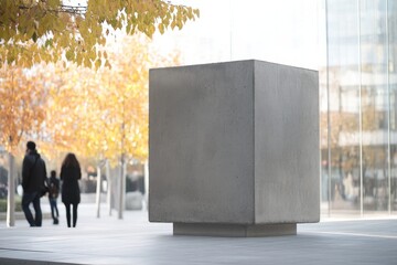 Aufkleber - Modern city park sculpture. The gray cubic structure is set on a tile surface, trees with yellow leaves and people pass by.