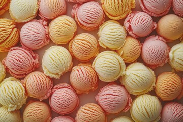 Poster - A vibrant assortment of ice cream scoops, showcasing a spectrum of pastel hues in a delightful confectionery arrangement. Sweet treat delight.