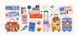 © Limpreom - Vacation luggage elements in retro cartoon style. Travel items: suitcases, passports, tickets. Illustration in funky doodle style, trendy sticker set