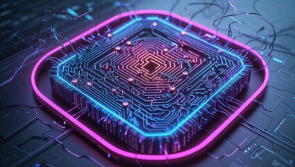 Wall Mural - intricate digital circuit board design with vibrant neon lighting and complex pathways