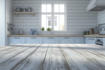 Fototapete - Light-filled, modern kitchen interior Wooden table top in focus, with a blurred backdrop of a light gray and white kitchen