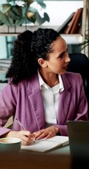 Fototapete - Meeting, laptop and business woman in office for finance review, budget report and planning. Corporate, professional and person talking and writing notes for online investment, proposal and research