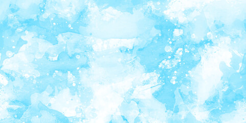 Wall Mural - Beautiful winter background of snow floating into air randomly, light blue bokeh background for wallpaper, invitation, cover and design, Blue painted watercolor background with watercolor stains.