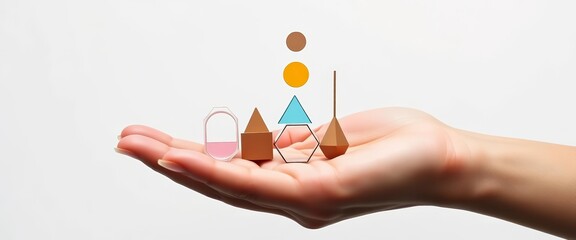 Wall Mural - Hand gently cradles various simple geometric shapes in balance Minimalist, abstract concept of multitasking,managing multiple priorities, flat, work
