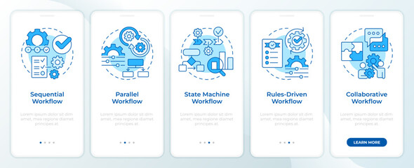 Wall Mural - basic workflow archetypes blue onboarding mobile app screen. walkthrough 5 steps editable graphic in