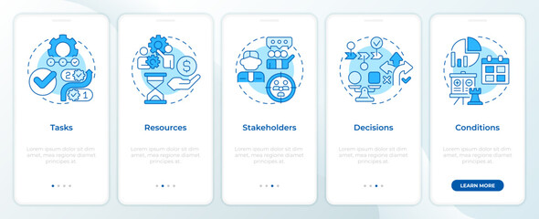 Wall Mural - workflow management elements blue onboarding mobile app screen. walkthrough 5 steps editable graphic