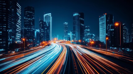 Poster - Night cityscape with light trails on highway.