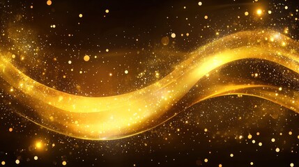 Wall Mural - Gold shimmering waves on a dark background with sparkling particles.