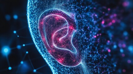 Leinwandbilder - Abstract digital human ear, glowing with pink and blue light, showing inner structure.