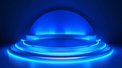 Poster - Abstract blue neon stage with circular platform and glowing lights, perfect for product display or presentation.