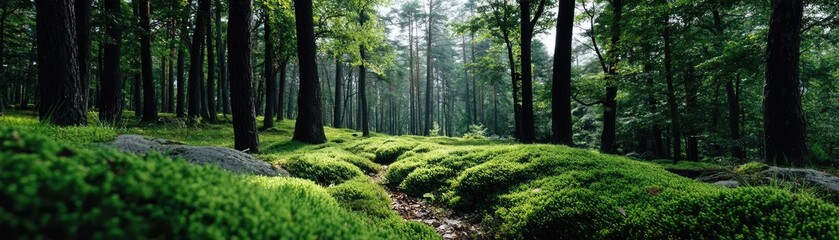 Poster - Green moss in forest with peaceful relax mood concept. Lush green forest with sunlight filtering through.