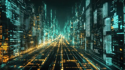 Fototapete - Futuristic city street, digital code